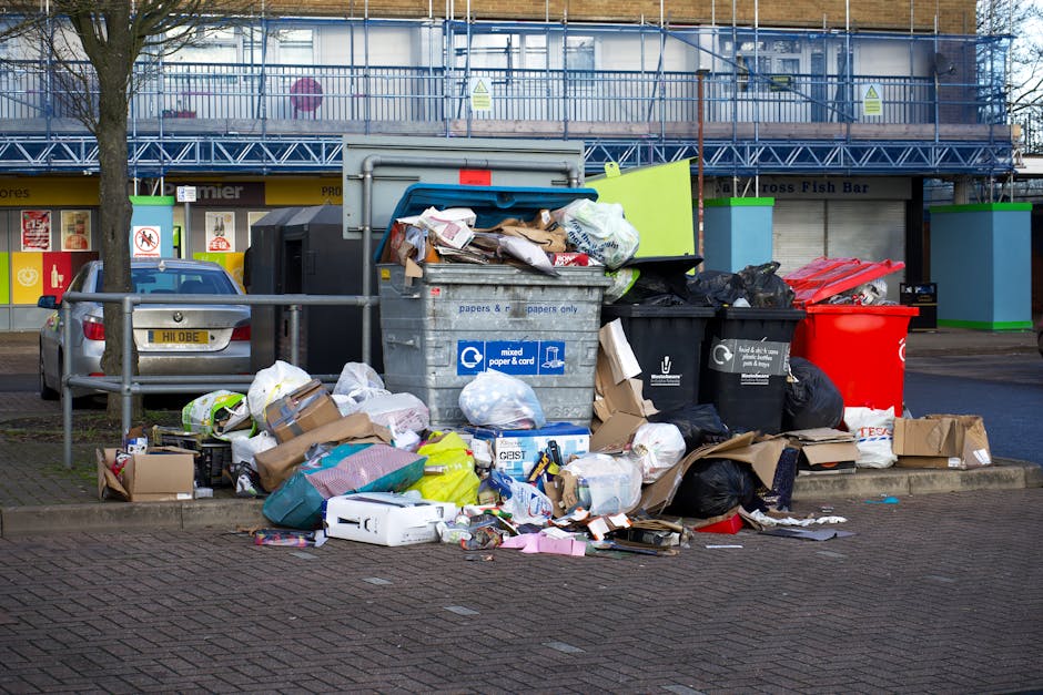 In the foreground, a small pile of mixed household rubbish is placed on a concrete driveway or pavement area. The collection includes cardboard boxes, some flattened and others partially assembled, al